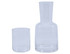 A clear glass carafe and matching tumbler set, featuring a contemporary design with smooth lines.