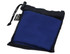 A blue rPET towel in a mesh storage pouch, featuring a drawstring closure. Contains a branding logo.