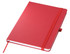 A red A5 notebook with a textured cover, featuring an elastic band and ribbon bookmark. It includes a logo.
