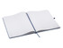 An open A4 notebook featuring lined pages and a blue cover, with a ribbon bookmark.
