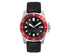 A sports watch featuring a black face, red bezel, and black leather strap with red stitching. The watch has a logo.