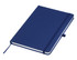 A navy blue A5 notebook with a textured cover, elastic closure, and ribbon bookmark, featuring a logo on the front.