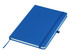 A blue A5 notebook with a band closure and a ribbon marker, featuring a branding logo on the cover.