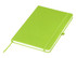 A bright green A5 notebook with a smooth cover, elastic band, and ribbon bookmark, featuring a logo.