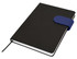 A black A5 notebook featuring a blue elastic band closure and a ribbon bookmark, with a smooth textured cover.