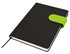 A black A5 notebook with a green elastic closure, featuring a ribbon marker and a smooth finish.