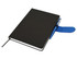A black A5 notebook with a blue pen attached, featuring a bookmark and an elastic band.