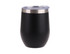A drink tumbler in matte black with a stainless steel rim and a clear lid, featuring a logo.