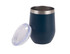 A vacuum wine tumbler in navy blue with a silver rim and a clear lid. Contains a logo.