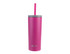 A drink bottle in vibrant pink with a grey lid and a straw, featuring a logo on its body.