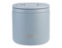 A drink bottle in light blue, featuring a lid and a spork, with a logo on the front.