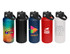 A drink bottle collection featuring five colourful vacuum sipper bottles in various designs and colours, including black, blue, red, and white.