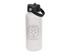 A drink bottle in white with a black lid and handle, featuring a logo design. Ideal for hydration on the go.