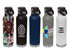 A drink bottle collection featuring various designs, including black, blue, grey, and white finishes, with multiple logos.