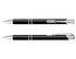 A pair of black metal pens with silver accents, featuring a sleek design and a logo.