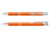 An orange metal pen with silver accents, featuring a logo on its side.
