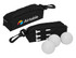 A black pouch with a logo, containing three golf balls and three white tees.