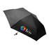 A black umbrella with a colourful logo and branding, designed for leisure and outdoor use.