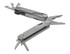 A silver multi-tool featuring pliers, various tools, and a sleek design. It includes branding on the handle.