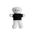A white plush bear toy wearing a black shirt, featuring a cute face and soft limbs, with a small brown nose.