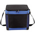 A rectangular cooler bag in black and blue, featuring a zippered top and a detachable shoulder strap.