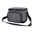 A grey cooler bag with a black base, featuring a zippered main compartment and a front pocket. It has an adjustable strap and a logo.
