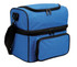 A blue insulated bag with black zippers, featuring a spacious main compartment and a front zip pocket.