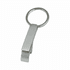 A drink bottle opener keyring in silver with a circular keyring attachment and a sleek design. It features a logo.