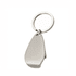 A keyring bottle opener with a sleek silver finish, featuring a rounded design. It includes a metal keyring attachment.