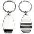 A keyring set featuring two sleek, silver metallic keychains with a logo on one side.