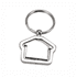 A keyring in the shape of a house, featuring a silver metallic finish and a circular attachment.