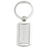 A silver metal keyring with a rectangular design and a logo feature.