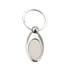 A keyring with a shiny silver finish and an oval shape, featuring a smooth, blank surface. A keyring with a shiny silver finish and an oval shape, featuring a smooth, blank surface.