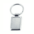 A keyring featuring a rectangular metal pendant with a polished silver finish.