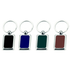 A set of four keyrings in black, blue, green, and brown with silver metal frames and rings.