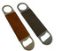 Two bottle openers with leather-like handles in tan and grey, featuring metal ends and a circular hole for hanging.