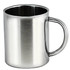 A stainless steel coffee mug with a handle and a sleek, polished finish. Features branding on one side.