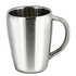 A stainless steel coffee mug with a sleek design and a sturdy handle, featuring a polished finish.