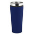 A drink bottle with a sleek navy blue exterior and a silver lid, featuring a logo. Suitable for hot or cold beverages.