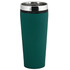 A drink bottle with a sleek dark green exterior and a stainless steel lid, featuring a logo.