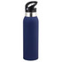 A drink bottle in navy blue with a stainless steel base and a black plastic lid featuring a handle.