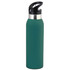 A drink bottle in a matte green finish with a black lid and a silver band around the top. It features branding.