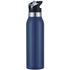A drink bottle in navy blue featuring a flip-top lid and a silver accent. It has a logo on the side.