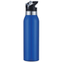 A drink bottle in shiny blue with a black flip-top lid and built-in straw. Features a logo on the front.