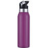 A drink bottle in a vibrant purple colour with a black spout and a silver detail at the top. There is a logo on the bottle.