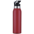 A drink bottle in a glossy red finish with a black, flip-top lid and a straw. Features a logo on the side.