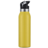 A drink bottle in bright yellow with a black spout and silver band at the top. It features a logo on the design.