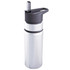 A drink bottle in silver and black with a straw and a handle, featuring a sleek, modern design.