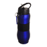 A drink bottle in a shiny blue finish with a black grip and a carabiner attached. It features a flip-top lid and a logo.
