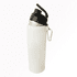 A drink bottle in white with a black lid and spout, featuring a carabiner for easy attachment.